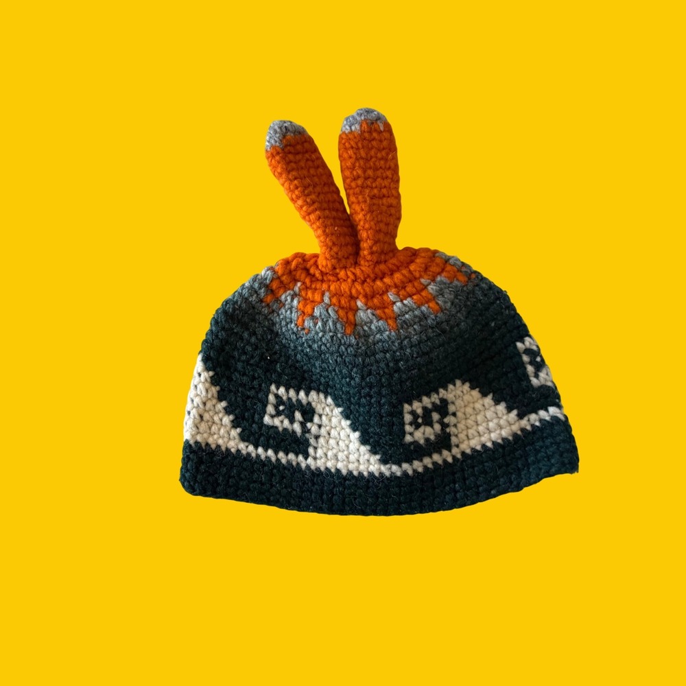 Hand Crochet Bunny Ear Beanie Forest Green Orange Geometric‎ Knit Hat Gorpcore